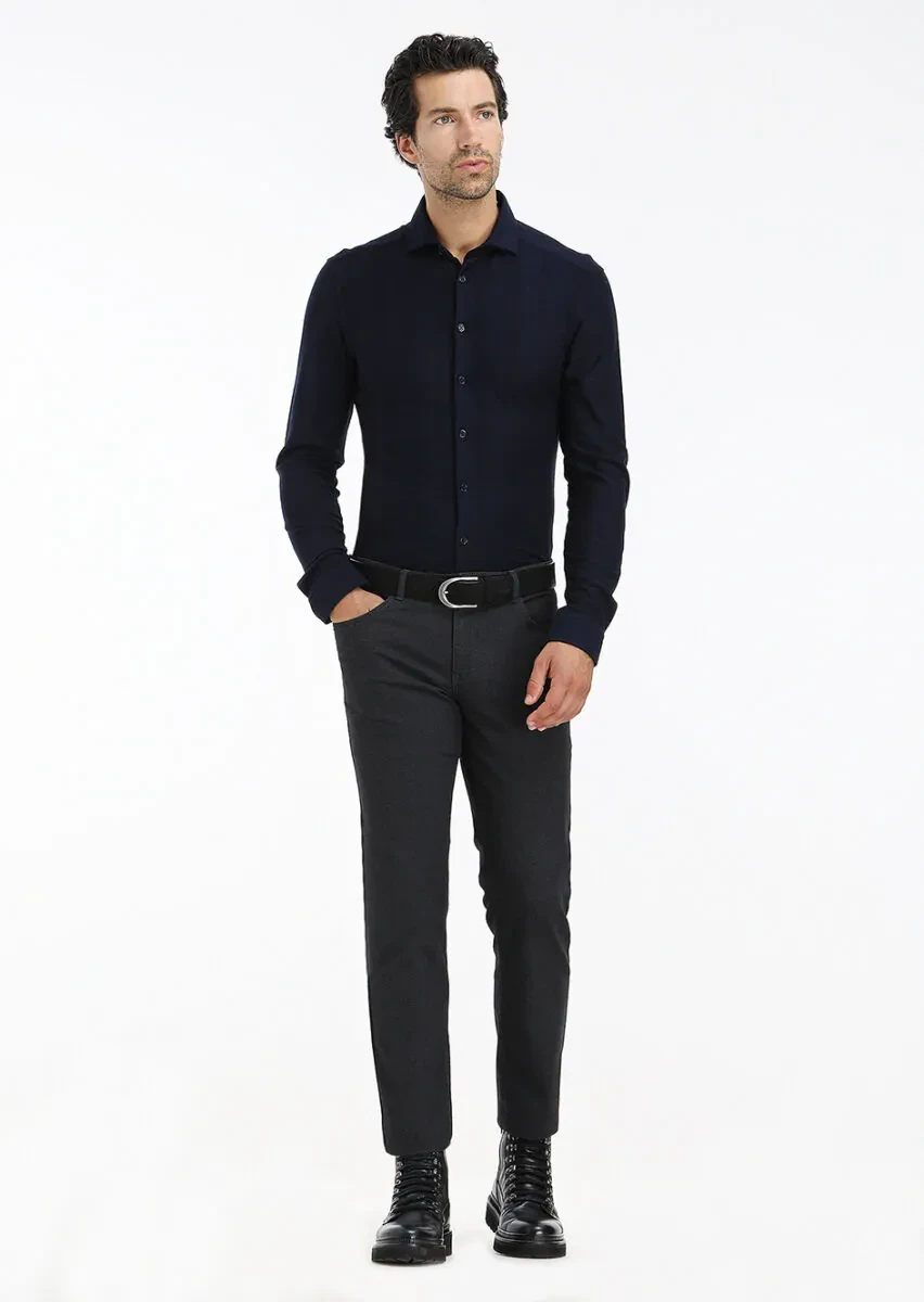 Lacivert Çizgili Slim Fit Casual %100 Pamuk Gömlek - 1