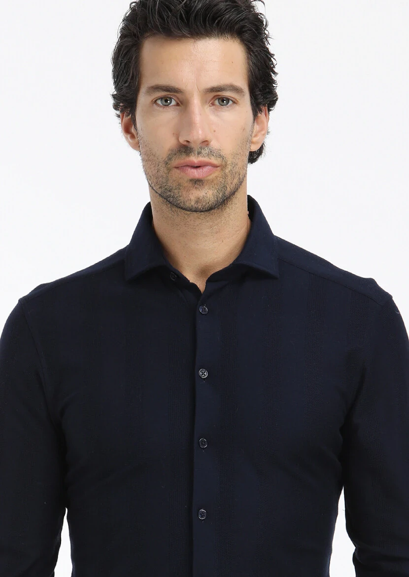 Lacivert Çizgili Slim Fit Casual %100 Pamuk Gömlek 