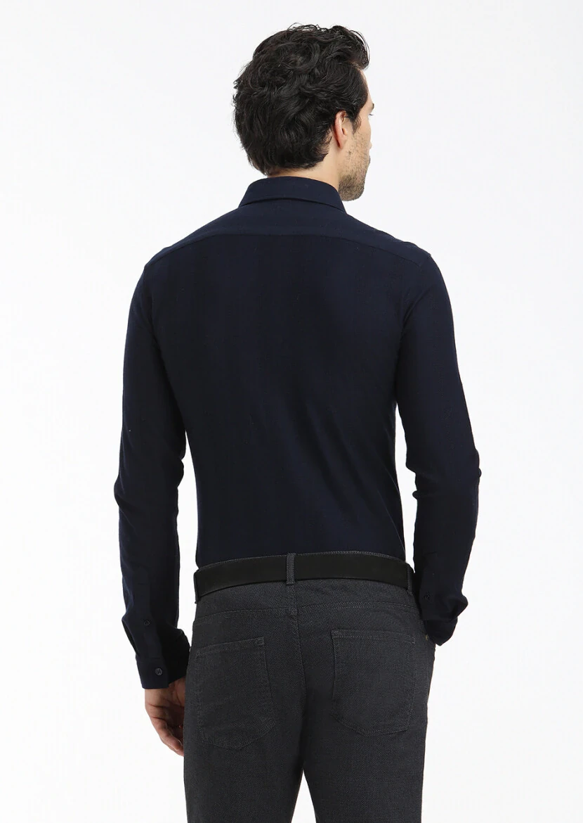 Lacivert Çizgili Slim Fit Casual %100 Pamuk Gömlek - 4