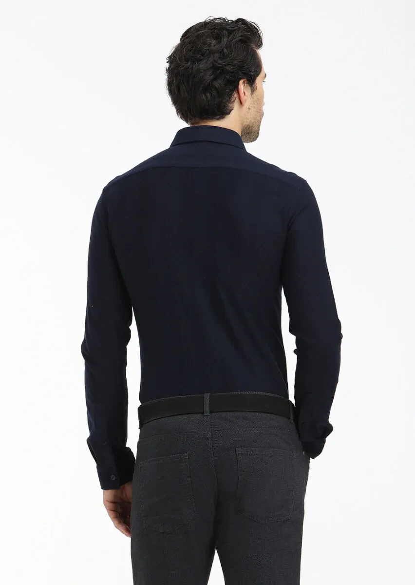 Lacivert Çizgili Slim Fit Casual %100 Pamuk Gömlek - 4