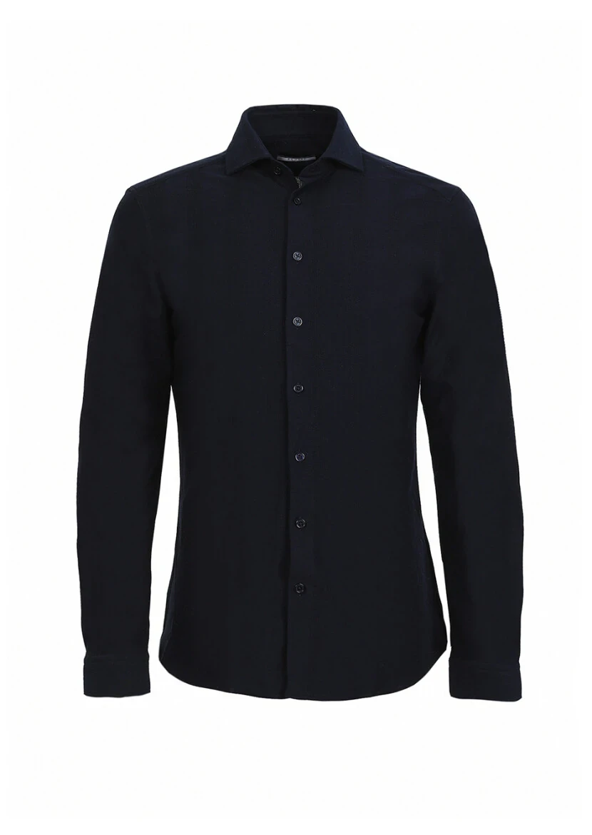 Lacivert Çizgili Slim Fit Casual %100 Pamuk Gömlek - 5