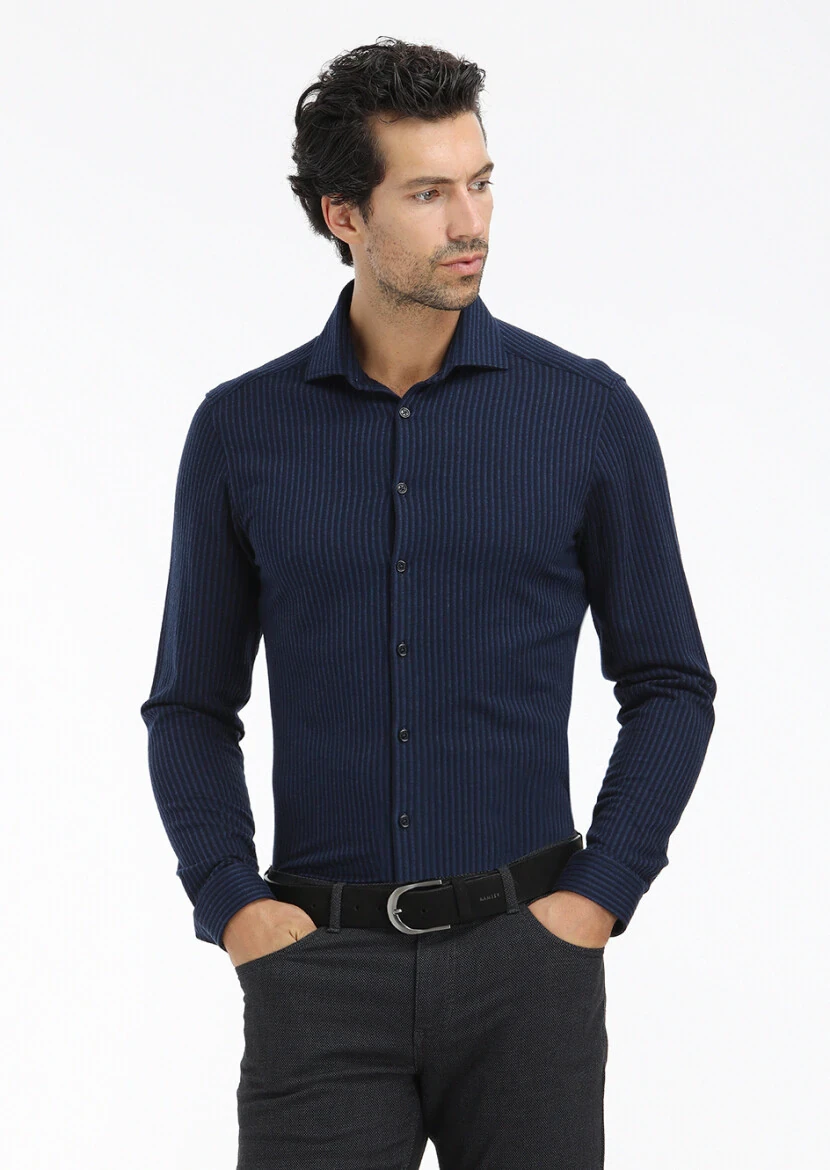 Lacivert Çizgili Slim Fit Casual %100 Pamuk Gömlek 