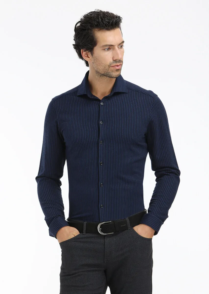 Lacivert Çizgili Slim Fit Casual %100 Pamuk Gömlek - 2