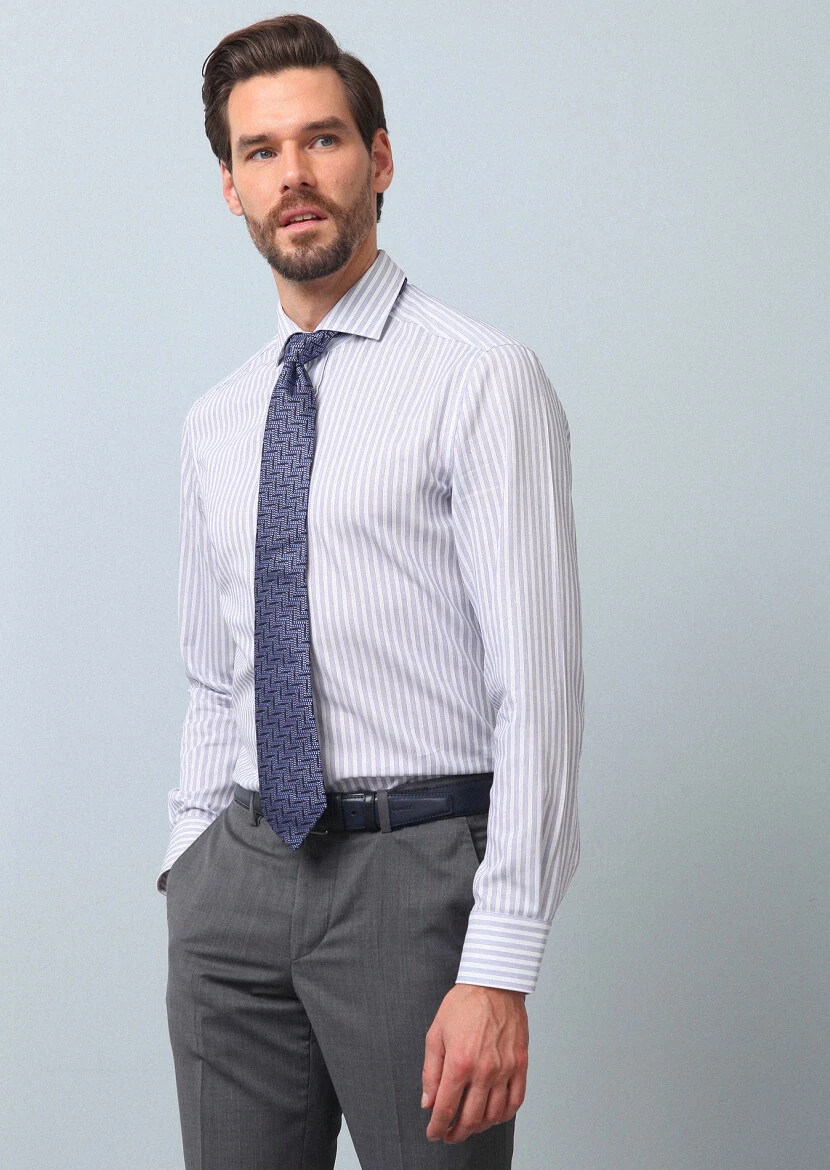 Lacivert Çizgili Slim Fit Dokuma Klasik %100 Pamuk Gömlek - 1