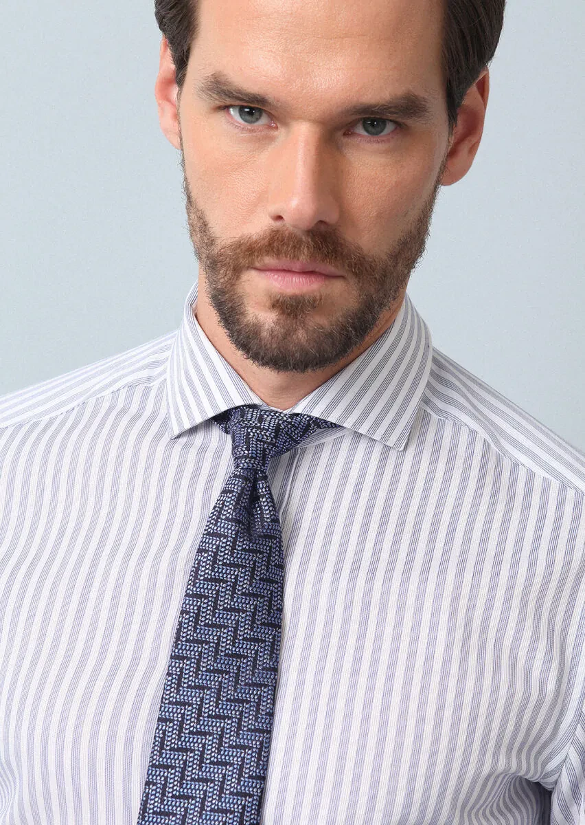 Lacivert Çizgili Slim Fit Dokuma Klasik %100 Pamuk Gömlek - 2