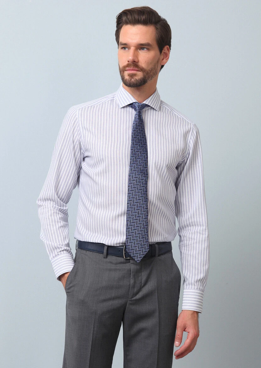Lacivert Çizgili Slim Fit Dokuma Klasik %100 Pamuk Gömlek - 3