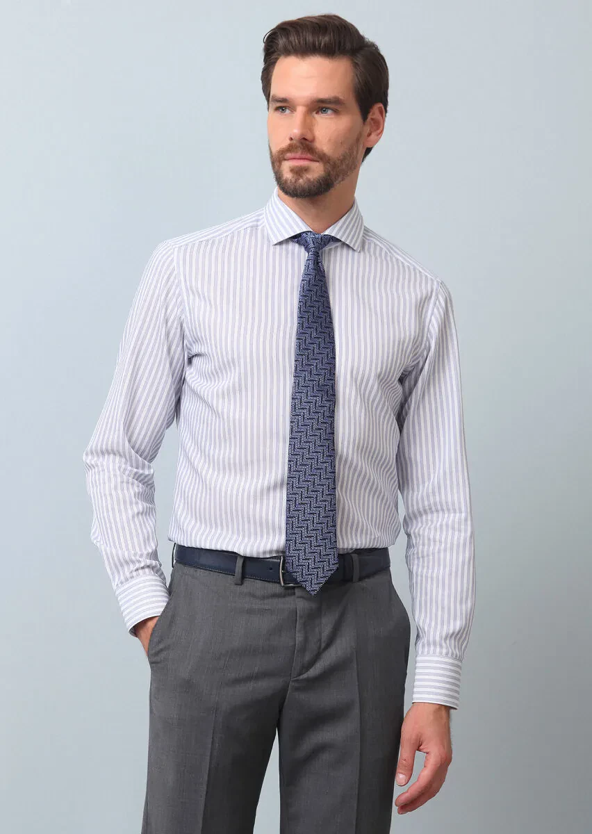 Lacivert Çizgili Slim Fit Dokuma Klasik %100 Pamuk Gömlek - 3