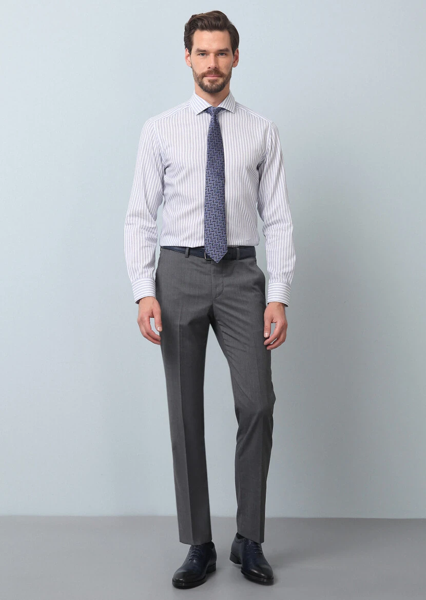 Lacivert Çizgili Slim Fit Dokuma Klasik %100 Pamuk Gömlek - 4