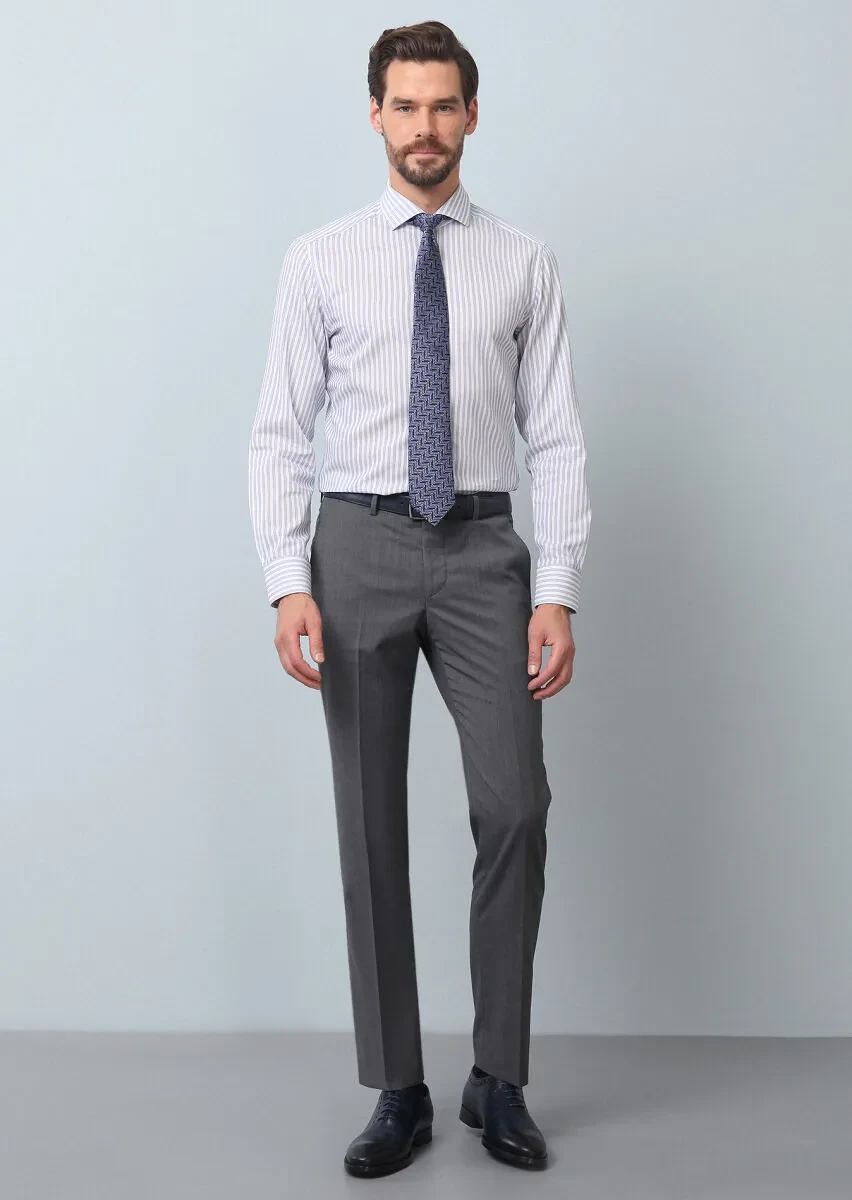 Lacivert Çizgili Slim Fit Dokuma Klasik %100 Pamuk Gömlek - 4