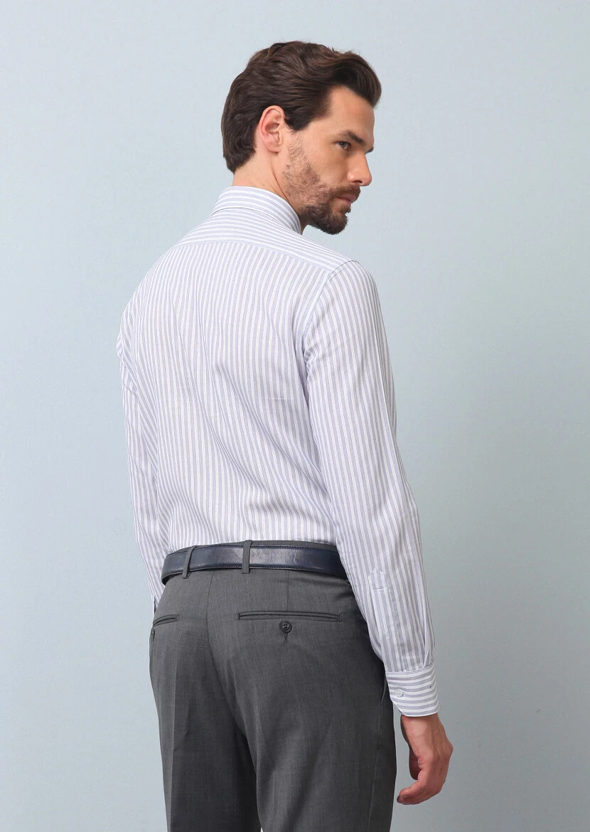 Lacivert Çizgili Slim Fit Dokuma Klasik %100 Pamuk Gömlek - 5