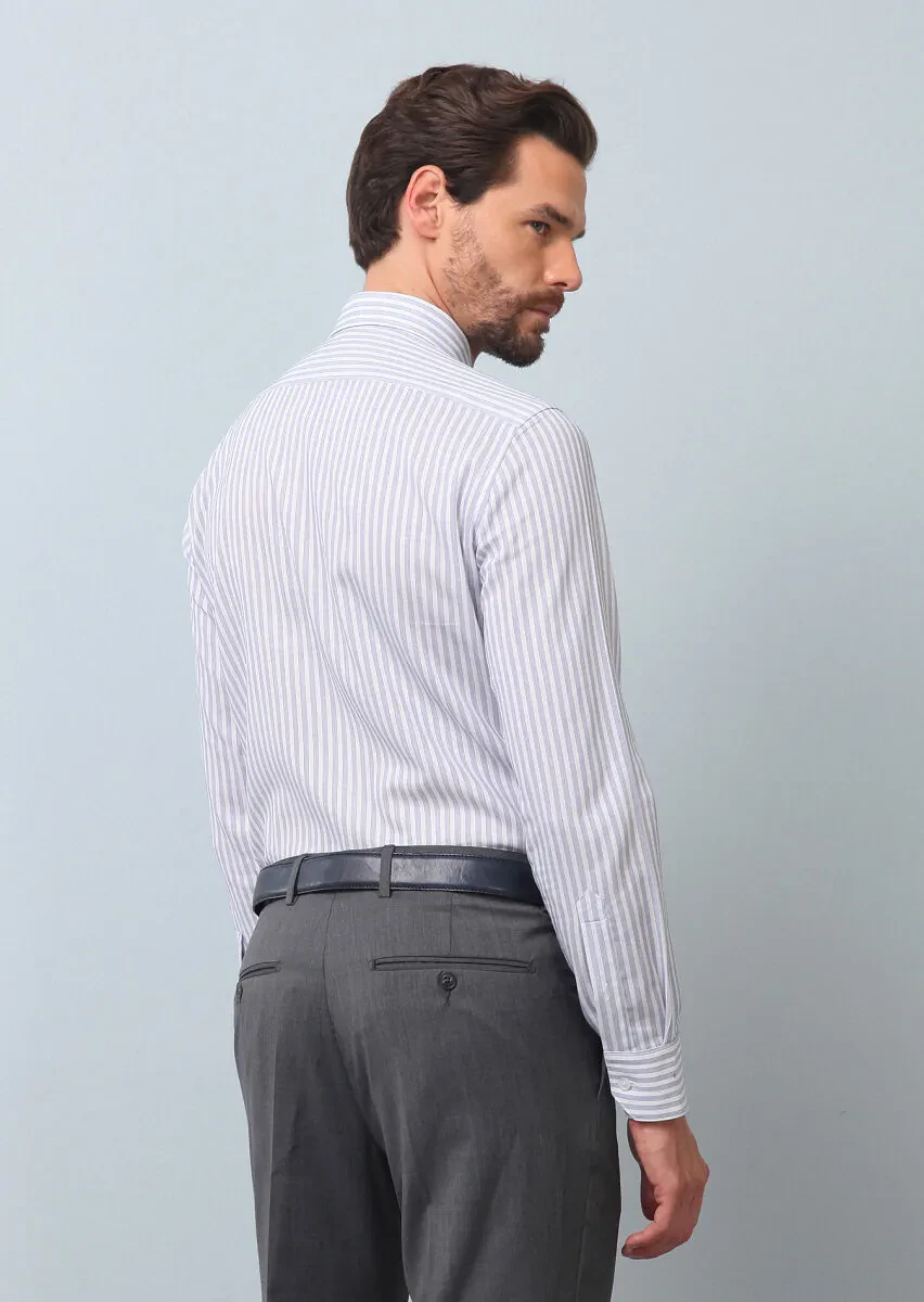 Lacivert Çizgili Slim Fit Dokuma Klasik %100 Pamuk Gömlek - 5