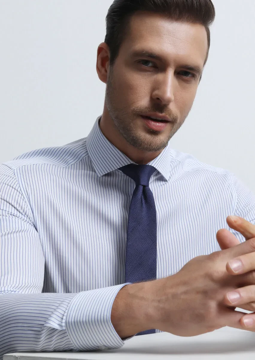 Lacivert Çizgili Slim Fit Dokuma Klasik %100 Pamuk Gömlek - 2