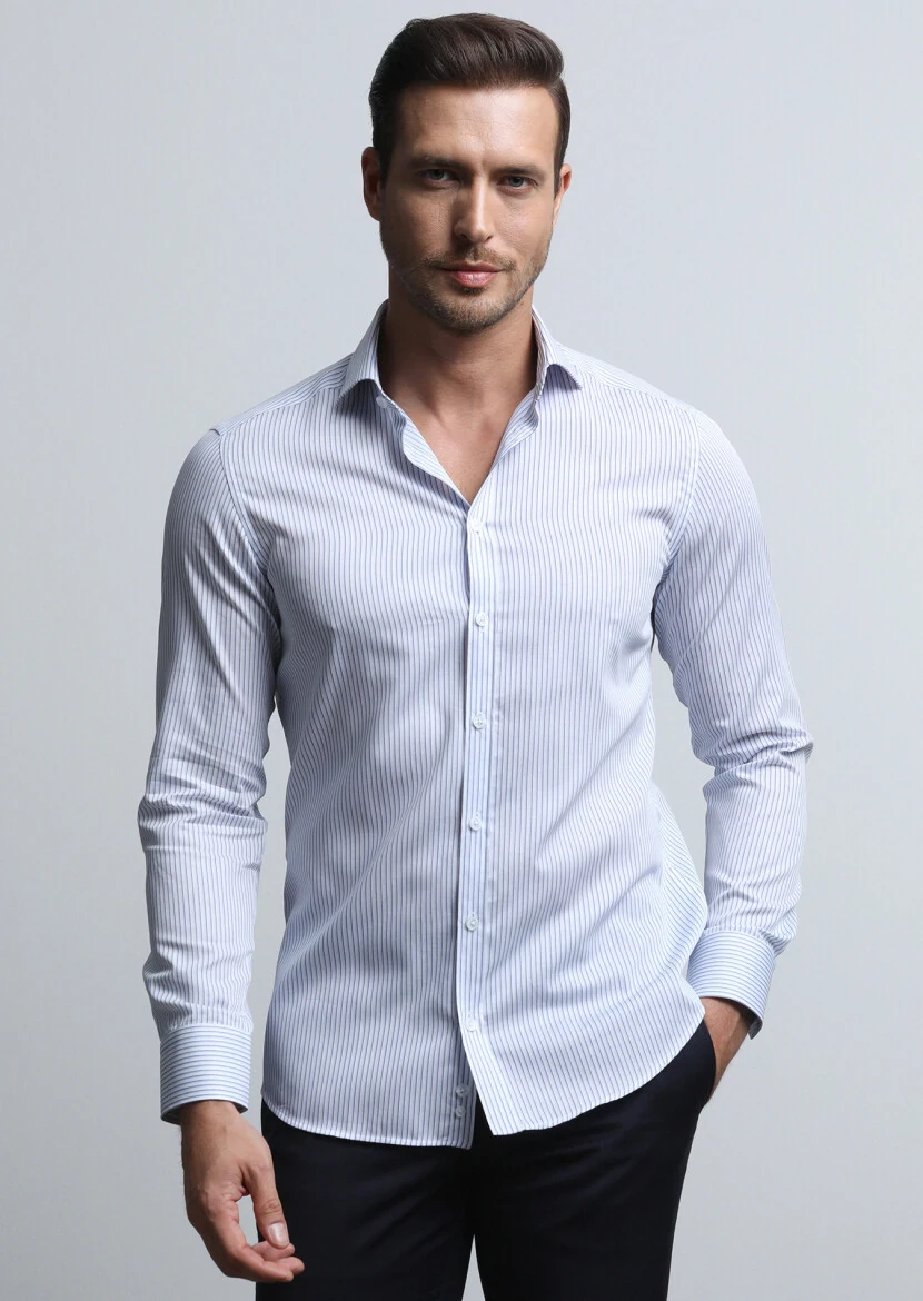 Lacivert Çizgili Slim Fit Dokuma Klasik %100 Pamuk Gömlek - 3