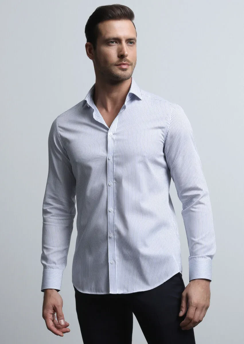 Lacivert Çizgili Slim Fit Dokuma Klasik %100 Pamuk Gömlek - 4
