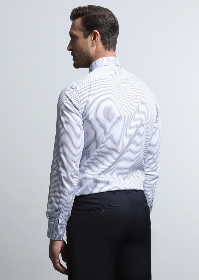 Lacivert Çizgili Slim Fit Dokuma Klasik %100 Pamuk Gömlek - 5