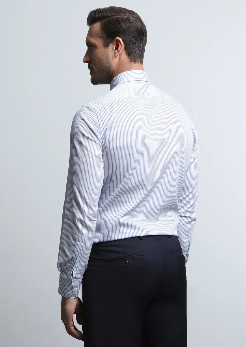 Lacivert Çizgili Slim Fit Dokuma Klasik %100 Pamuk Gömlek - 5