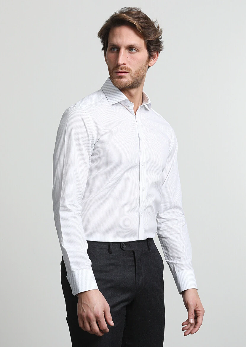 Lacivert Çizgili Slim Fit Dokuma Klasik %100 Pamuk Gömlek - 1