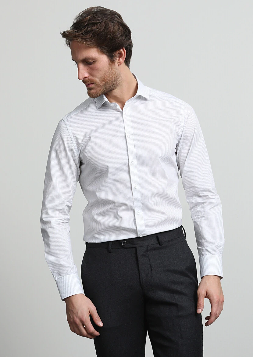 Lacivert Çizgili Slim Fit Dokuma Klasik %100 Pamuk Gömlek - 3