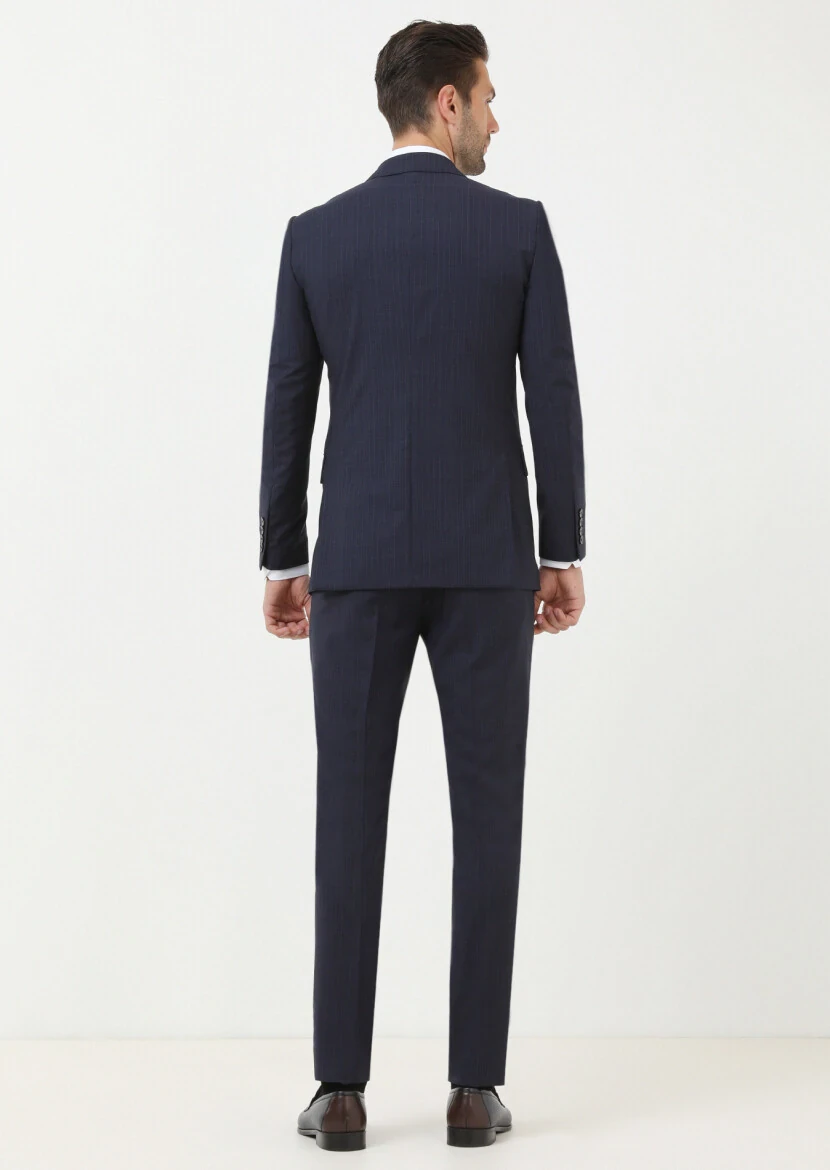 Lacivert Çizgili Thin&taller Slim Fit %100 Yün Takım Elbise - 4