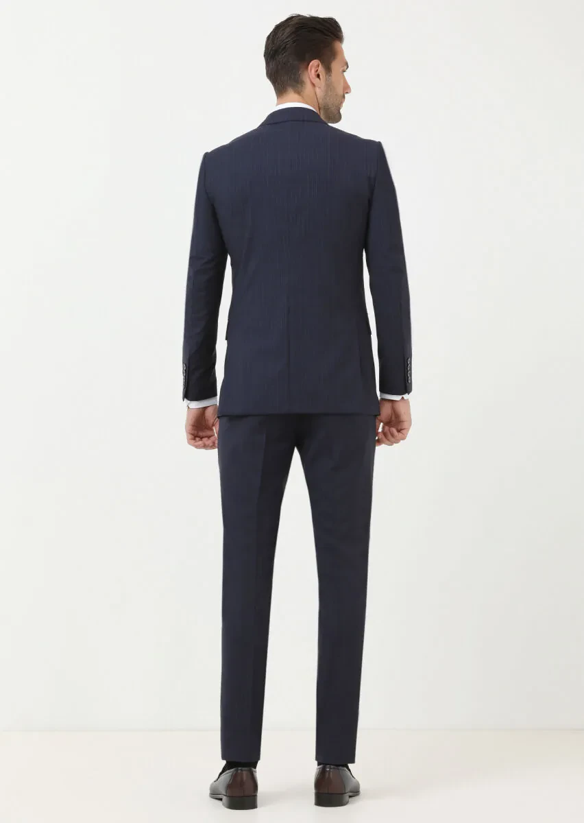 Lacivert Çizgili Thin&taller Slim Fit %100 Yün Takım Elbise - 4