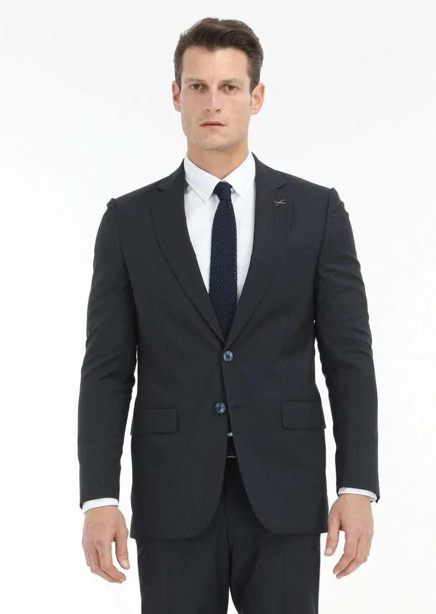 Lacivert Çizgili Thin&taller Slim Fit %100 Yün Takım Elbise - 2