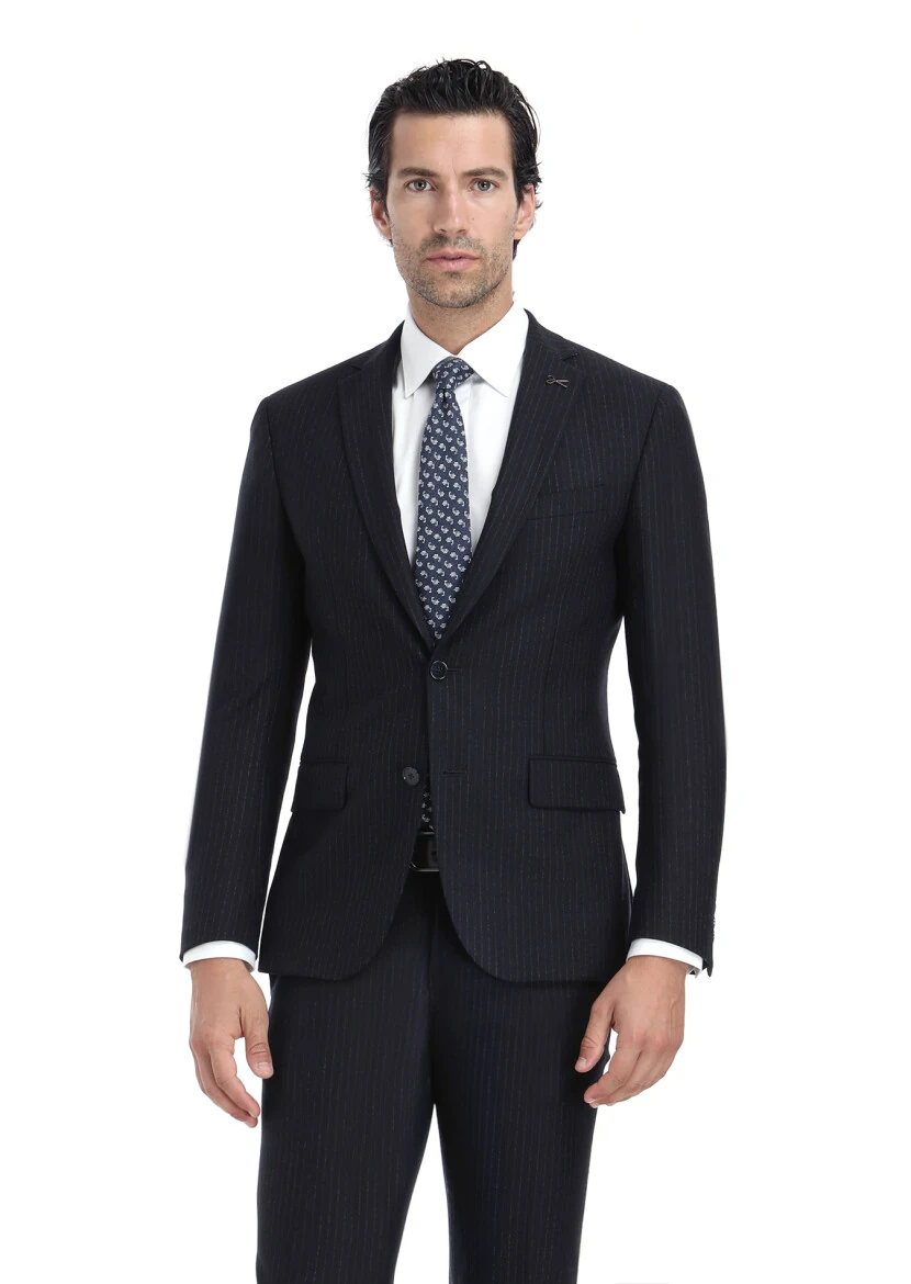 Lacivert Çizgili Thin&taller Slim Fit %100 Yün Takım Elbise - 2