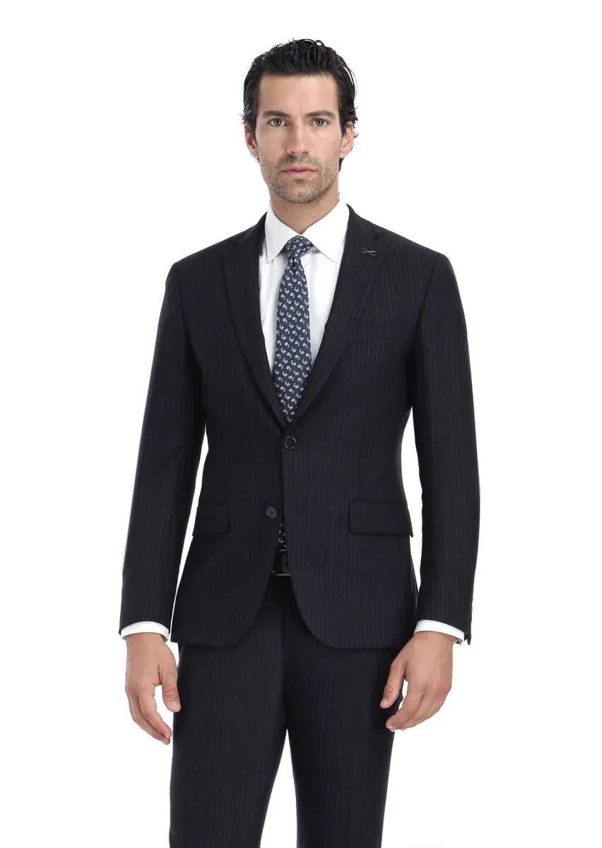 Lacivert Çizgili Thin&taller Slim Fit %100 Yün Takım Elbise - 2