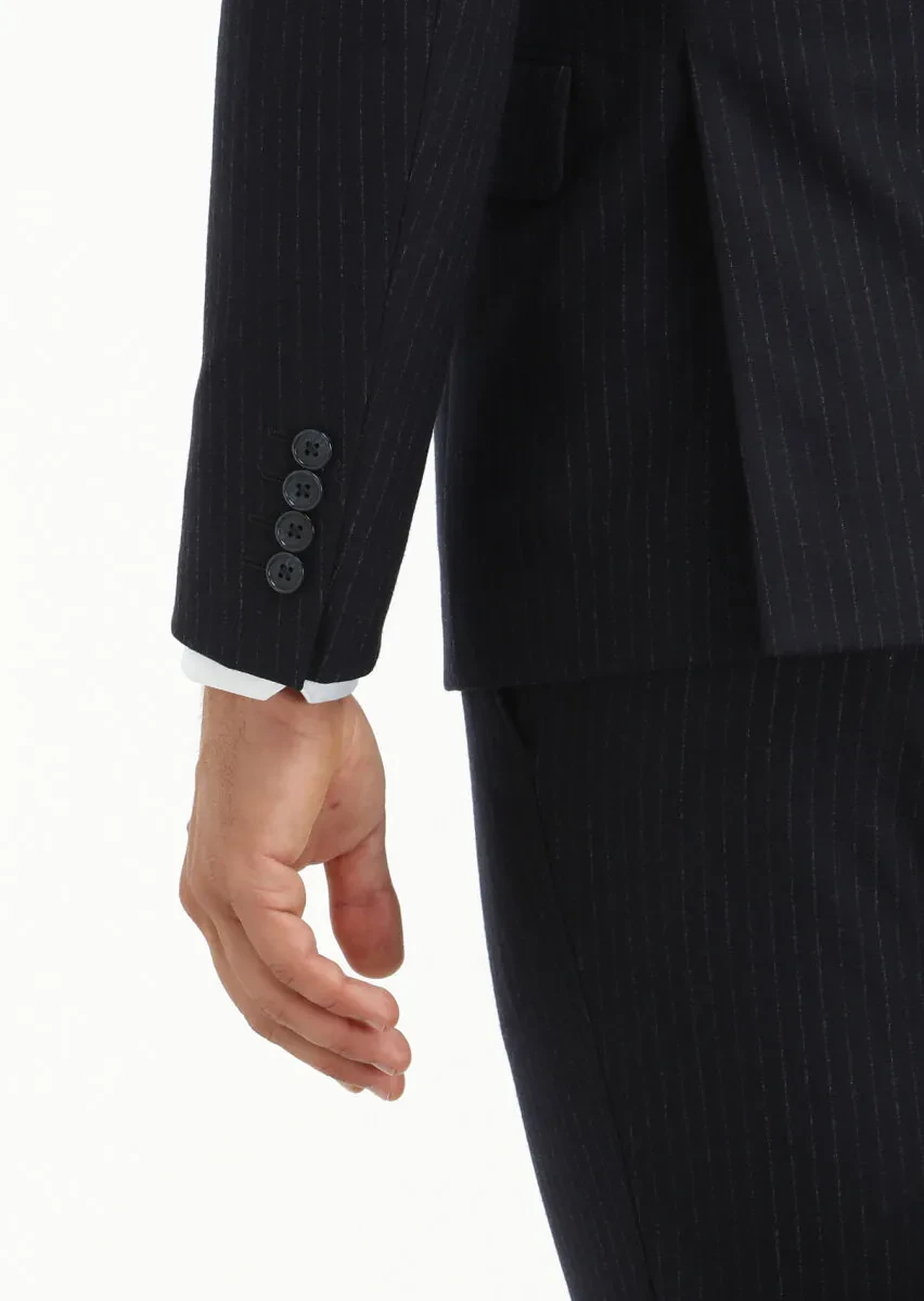 Lacivert Çizgili Thin&taller Slim Fit %100 Yün Takım Elbise - 4