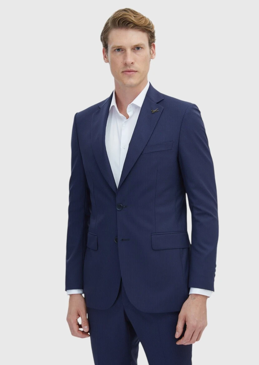 Lacivert Çizgili Thin&taller Slim Fit %100 Yün Takım Elbise - 1