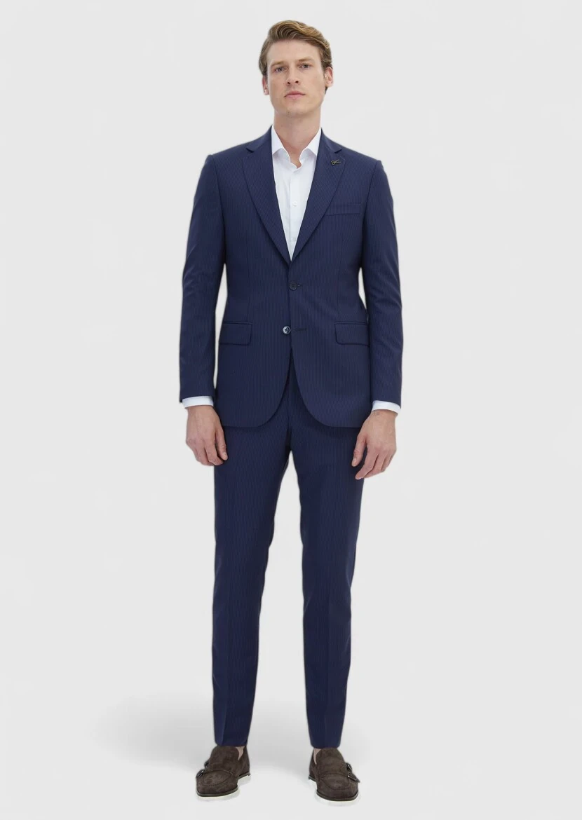 Lacivert Çizgili Thin&taller Slim Fit %100 Yün Takım Elbise - 2