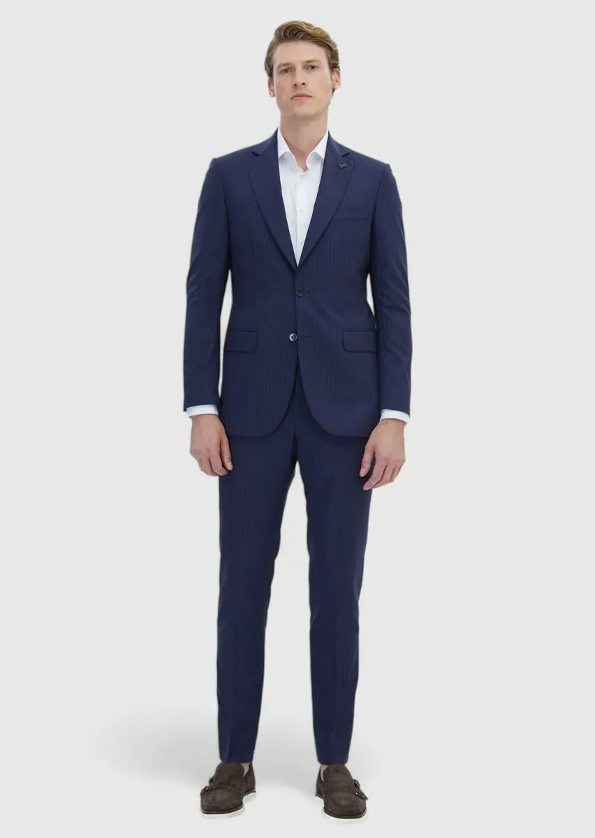 Lacivert Çizgili Thin&taller Slim Fit %100 Yün Takım Elbise - 2