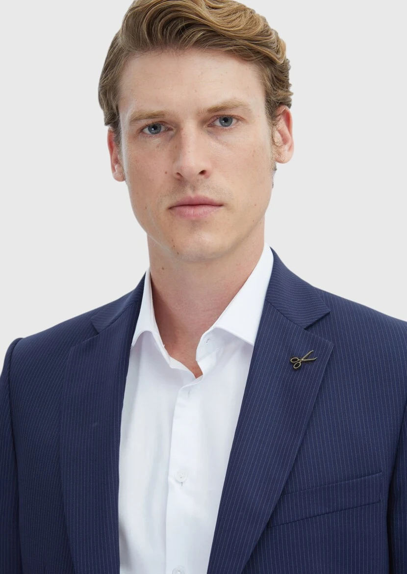 Lacivert Çizgili Thin&taller Slim Fit %100 Yün Takım Elbise - 4