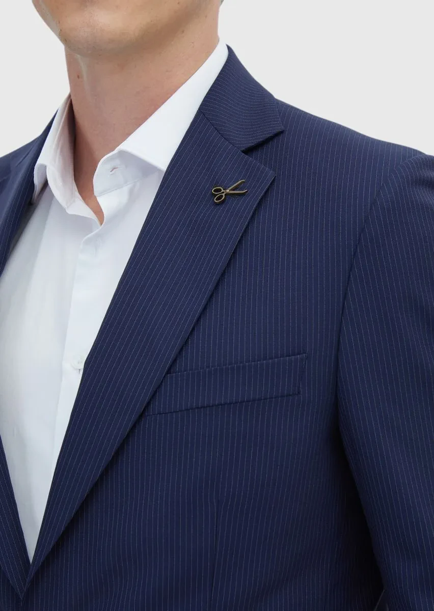 Lacivert Çizgili Thin&taller Slim Fit %100 Yün Takım Elbise - 5