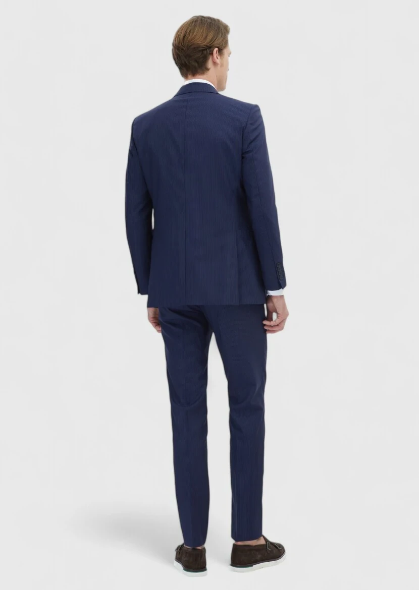 Lacivert Çizgili Thin&taller Slim Fit %100 Yün Takım Elbise - 6