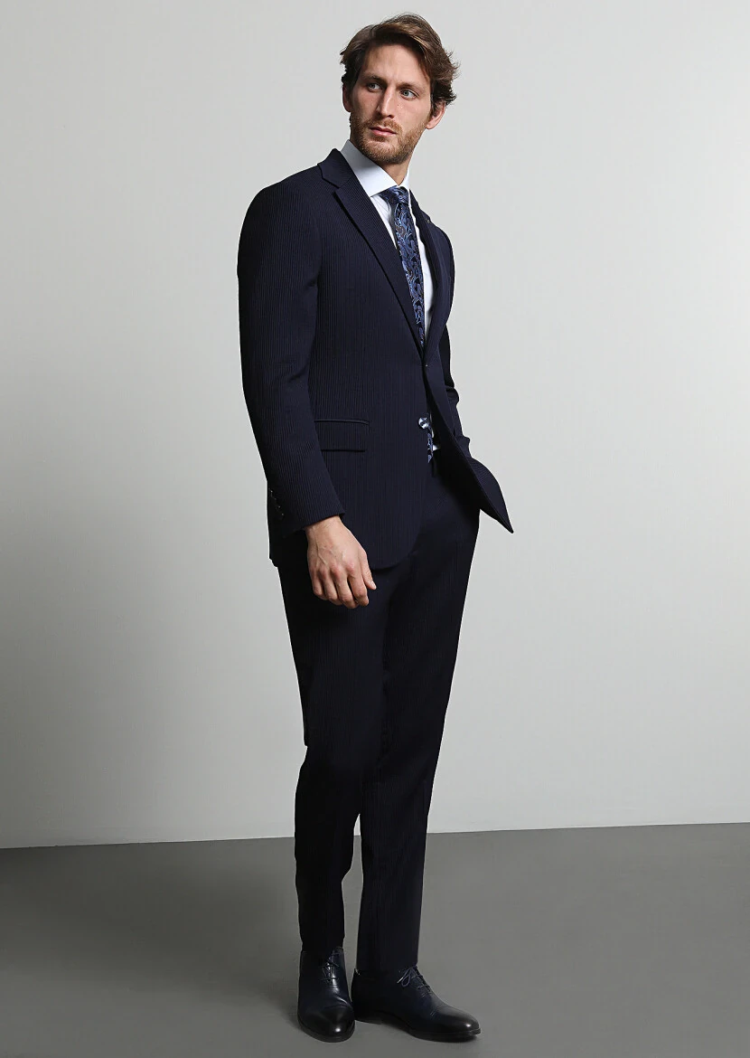 Lacivert Çizgili Thin&taller Slim Fit Yün Karışımlı Takım Elbise - 1