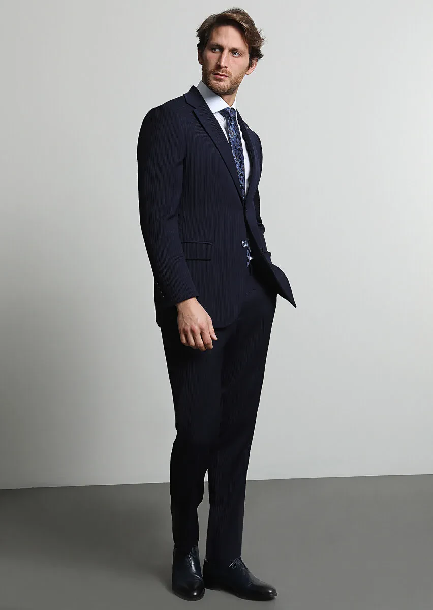 Lacivert Çizgili Thin&taller Slim Fit Yün Karışımlı Takım Elbise - 1