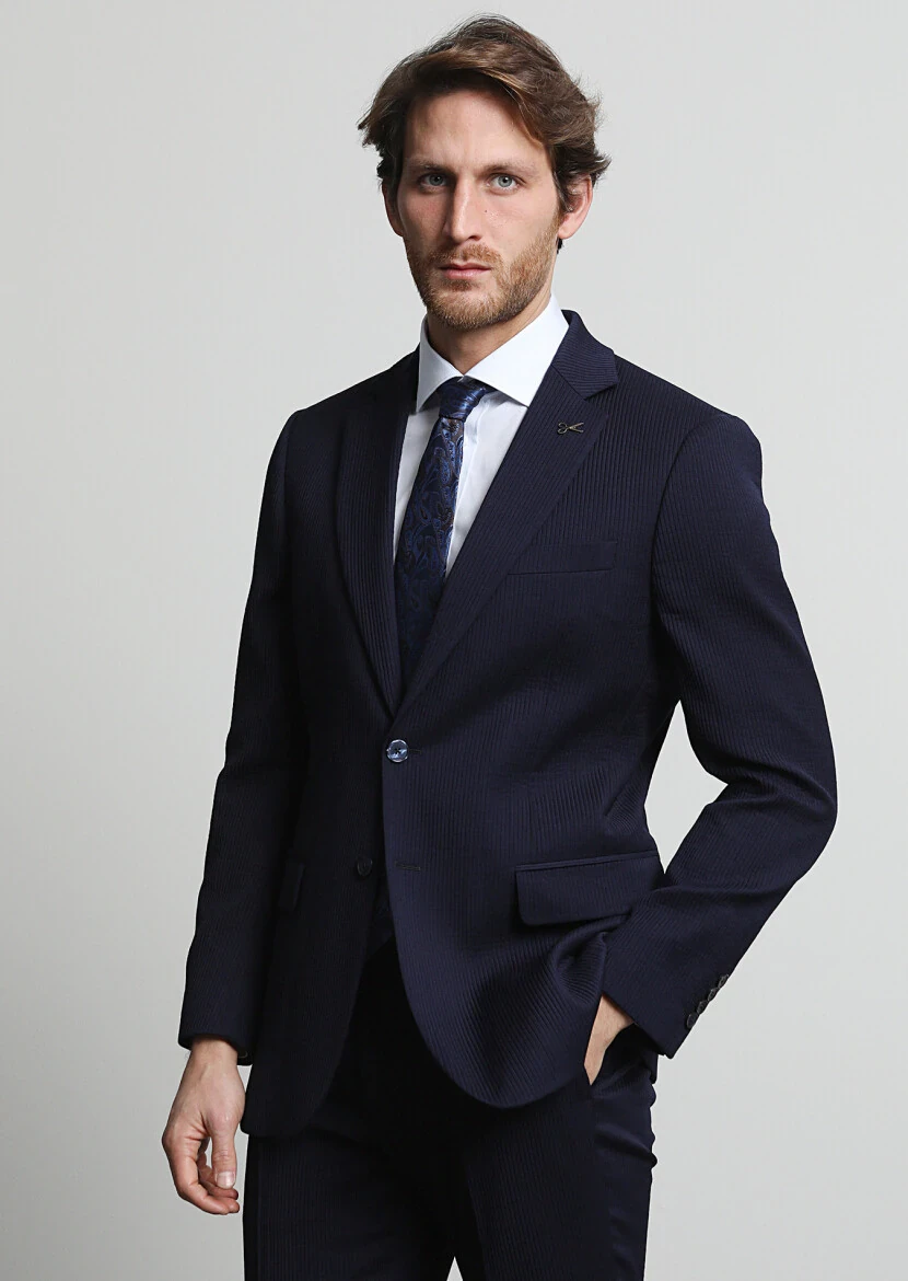 Lacivert Çizgili Thin&taller Slim Fit Yün Karışımlı Takım Elbise - 3