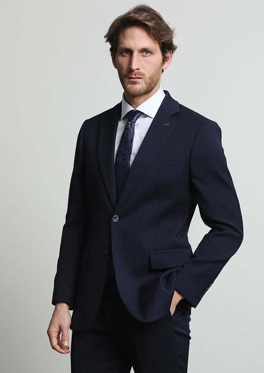Lacivert Çizgili Thin&taller Slim Fit Yün Karışımlı Takım Elbise - 3