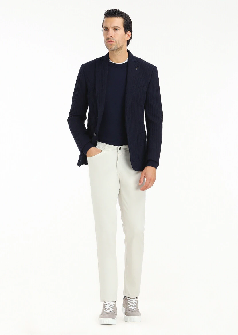 Lacivert Çizgili Zeroweight Slim Fit %100 Pamuk Örme Ceket - 1