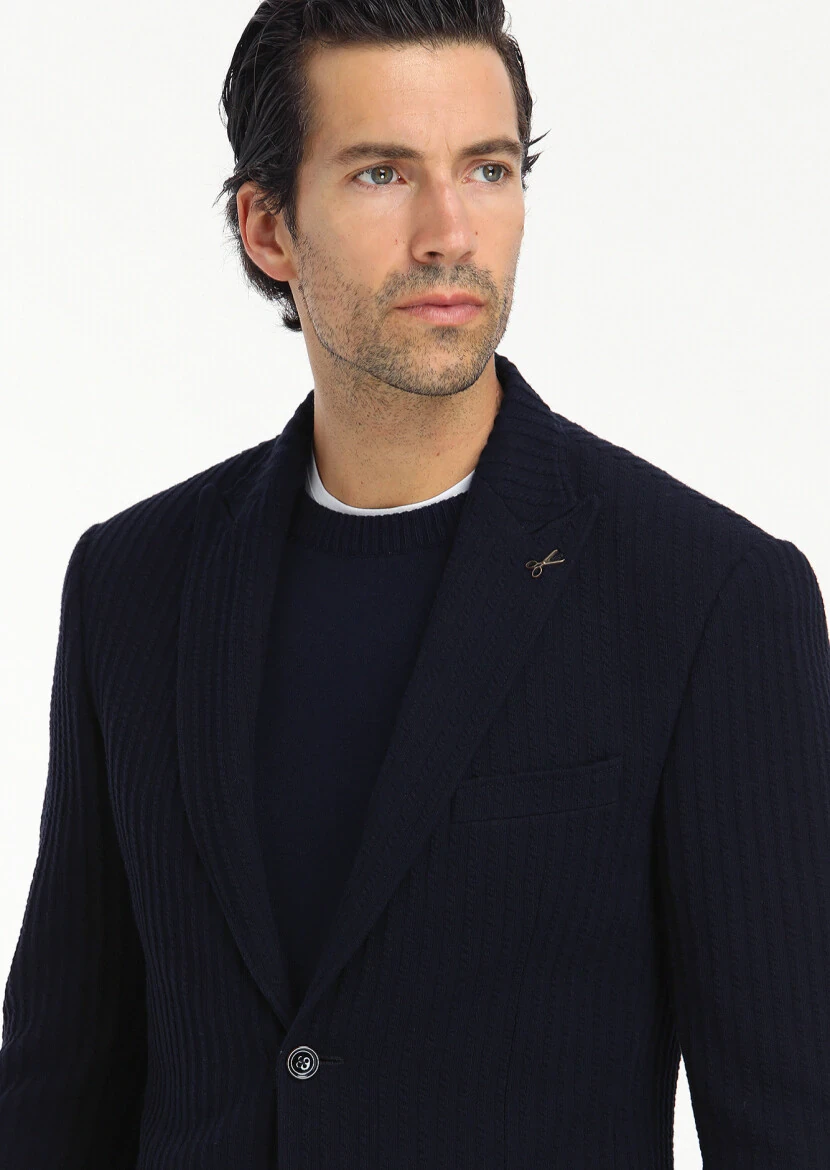 Lacivert Çizgili Zeroweight Slim Fit %100 Pamuk Örme Ceket - 2