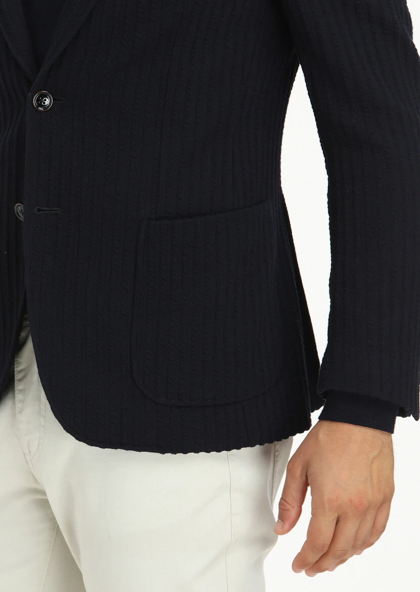 Lacivert Çizgili Zeroweight Slim Fit %100 Pamuk Örme Ceket - 5