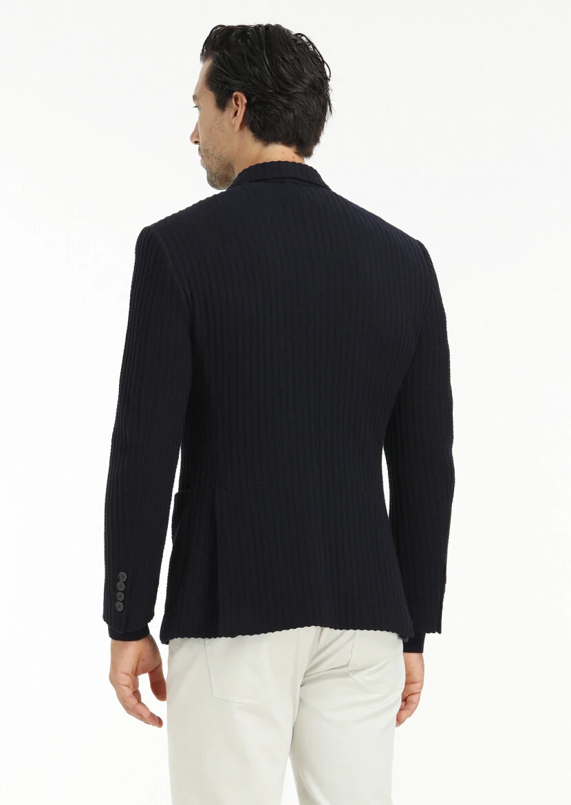 Lacivert Çizgili Zeroweight Slim Fit %100 Pamuk Örme Ceket - 6