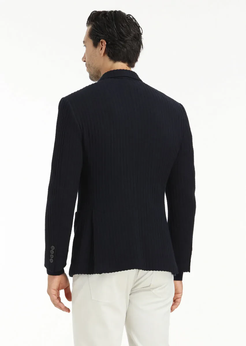 Lacivert Çizgili Zeroweight Slim Fit %100 Pamuk Örme Ceket - 6
