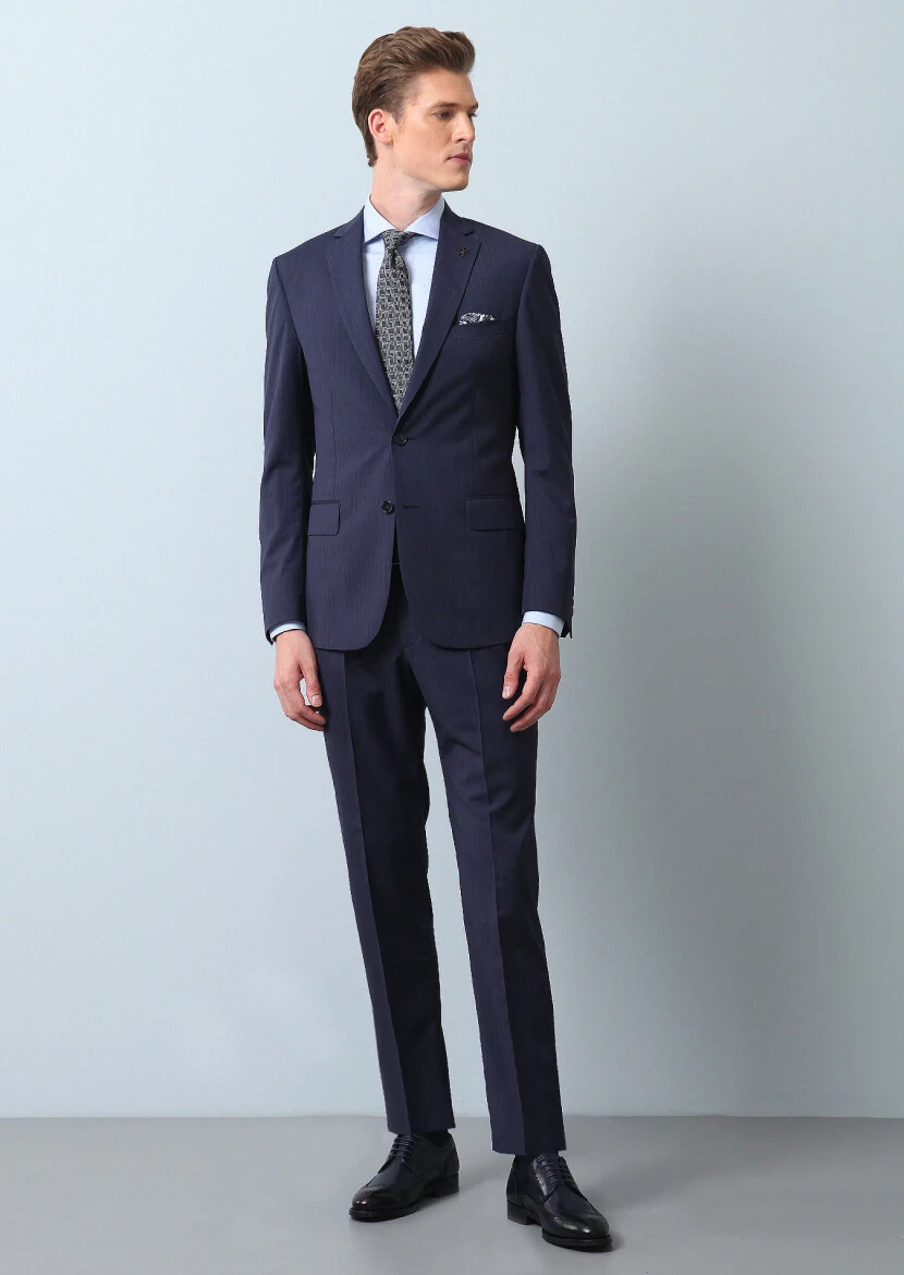 Lacivert Çizgili Zeroweight Slim Fit %100 Yün Takım Elbise - 1