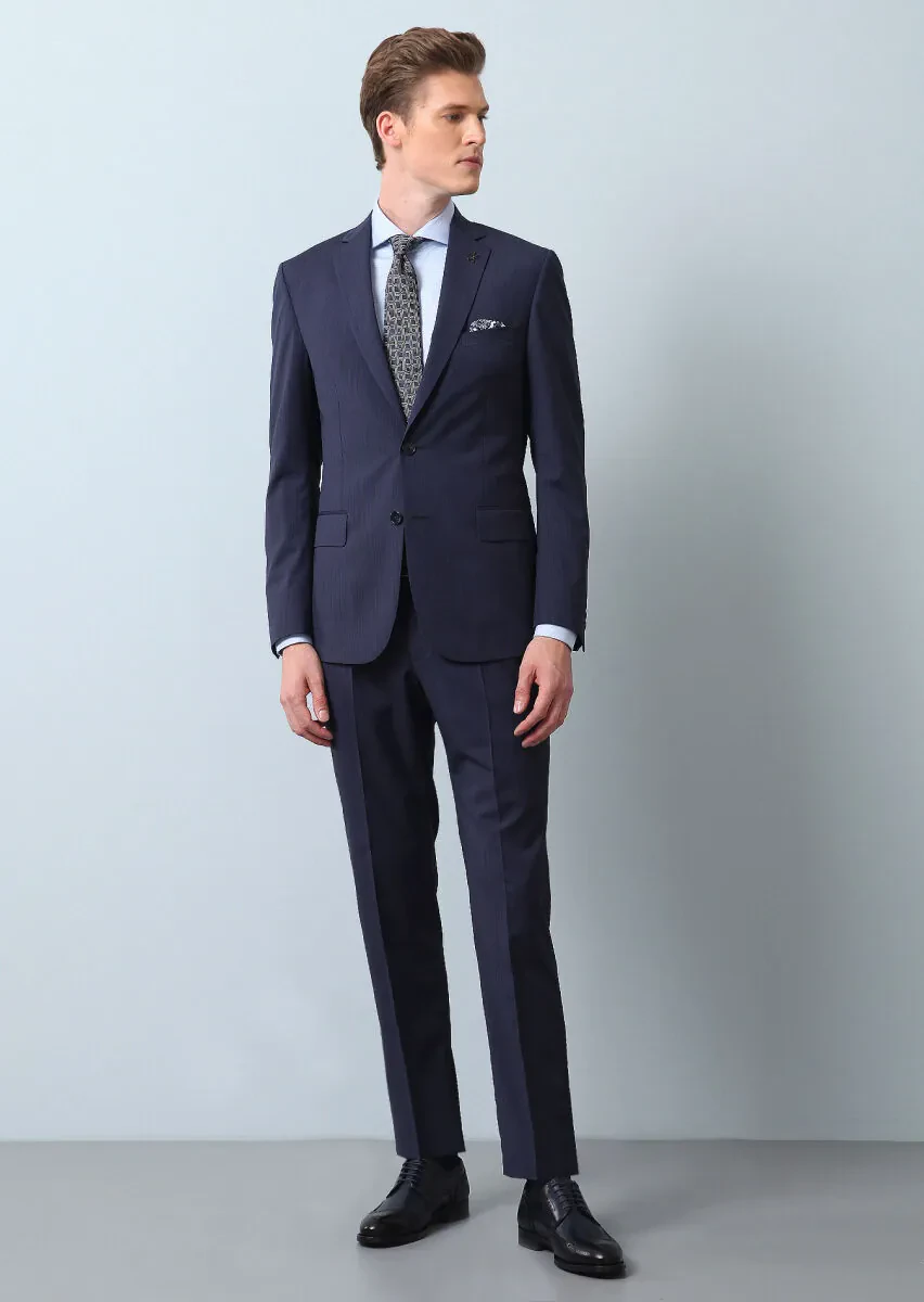 Lacivert Çizgili Zeroweight Slim Fit %100 Yün Takım Elbise - 1