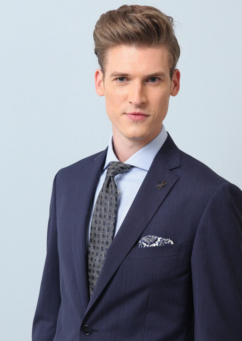 Lacivert Çizgili Zeroweight Slim Fit %100 Yün Takım Elbise - 2