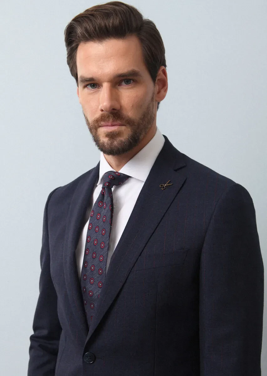 Lacivert Çizgili Zeroweight Slim Fit %100 Yün Takım Elbise - 3