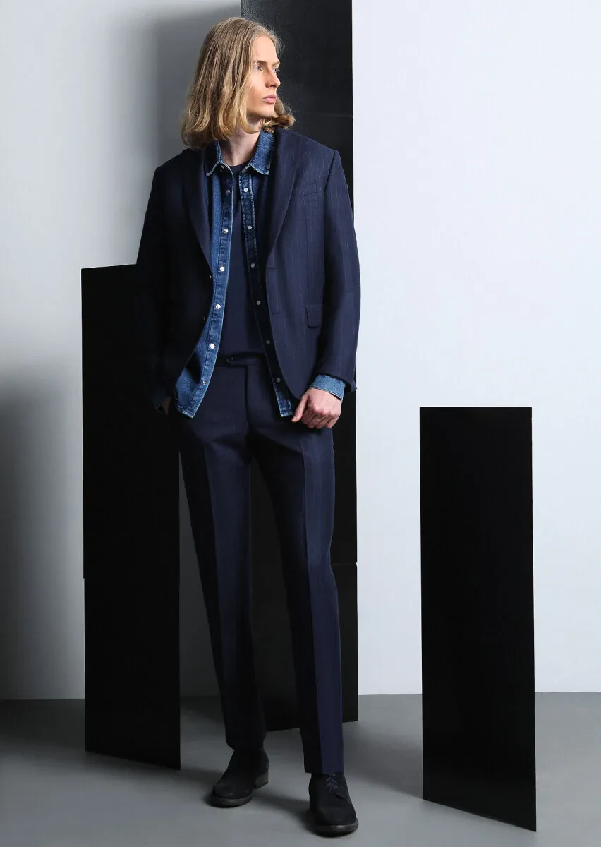 Lacivert Çizgili Zeroweight Slim Fit %100 Yün Takım Elbise - 1