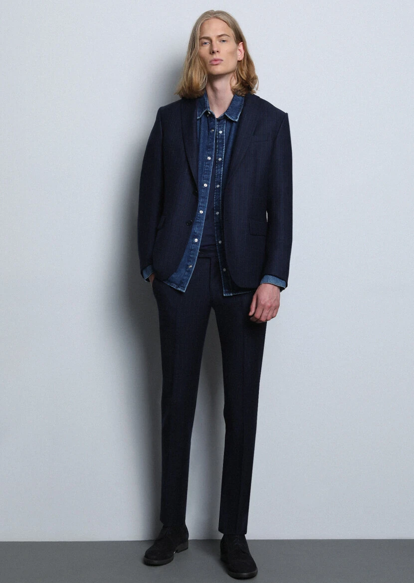 Lacivert Çizgili Zeroweight Slim Fit %100 Yün Takım Elbise - 2