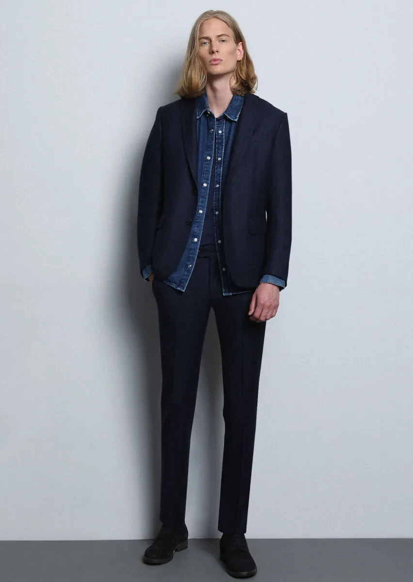 Lacivert Çizgili Zeroweight Slim Fit %100 Yün Takım Elbise - 2